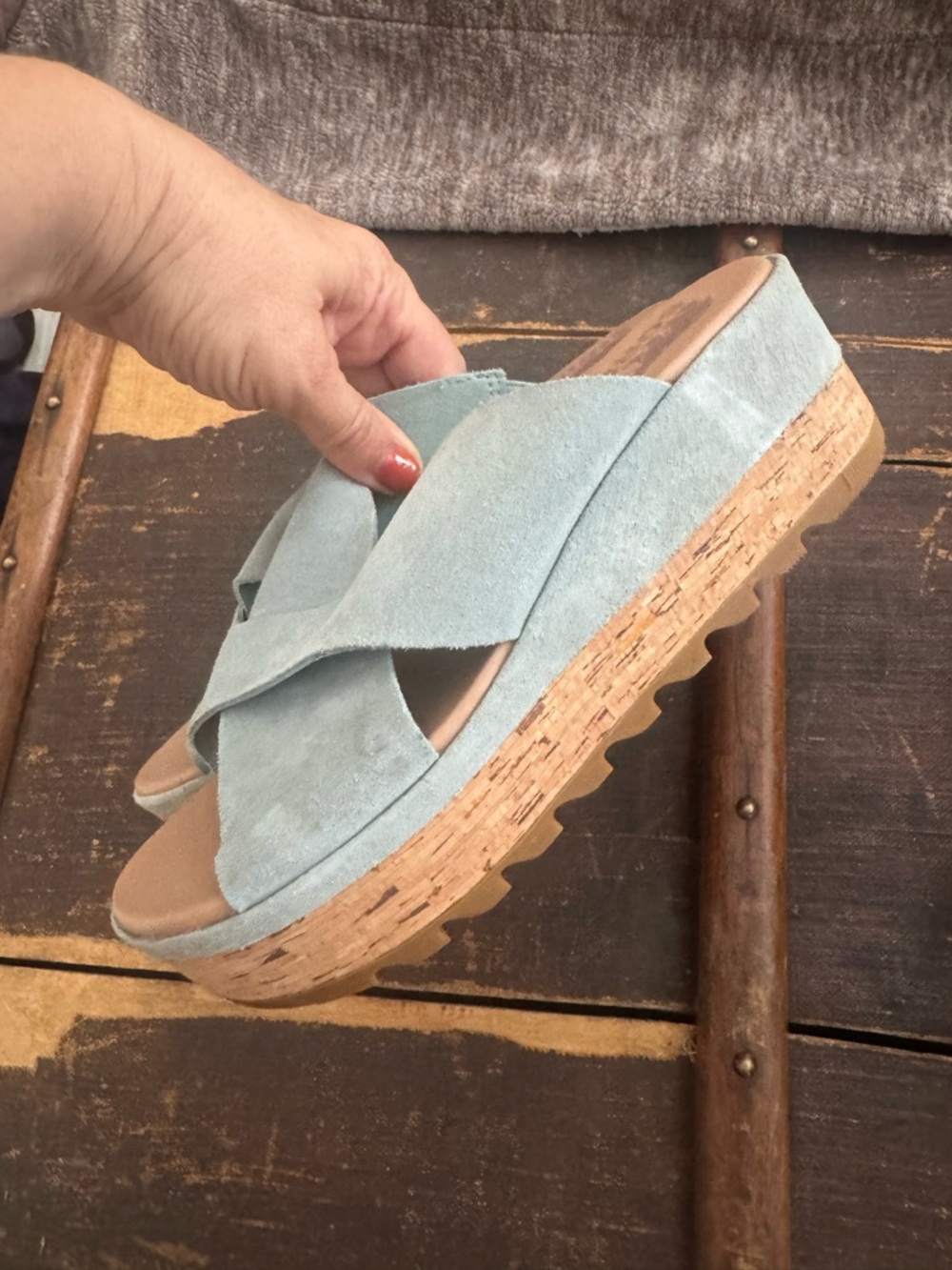 Sorel Light Blue Suede Cork Platform Slide Mules